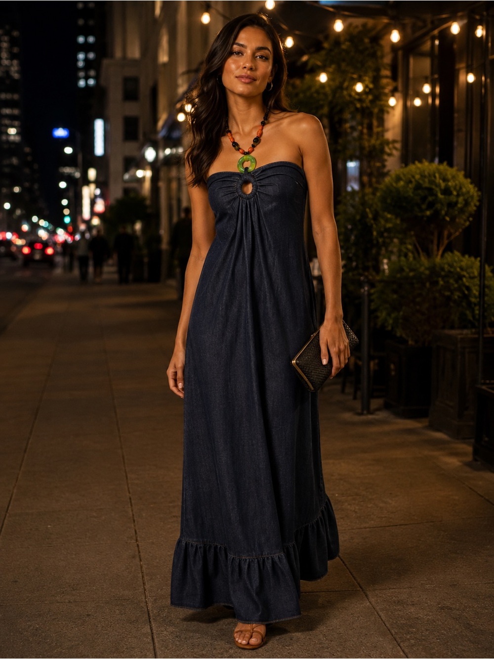 Denim Strapless Maxi Dress with Keyhole Detail Necklace - Size Small